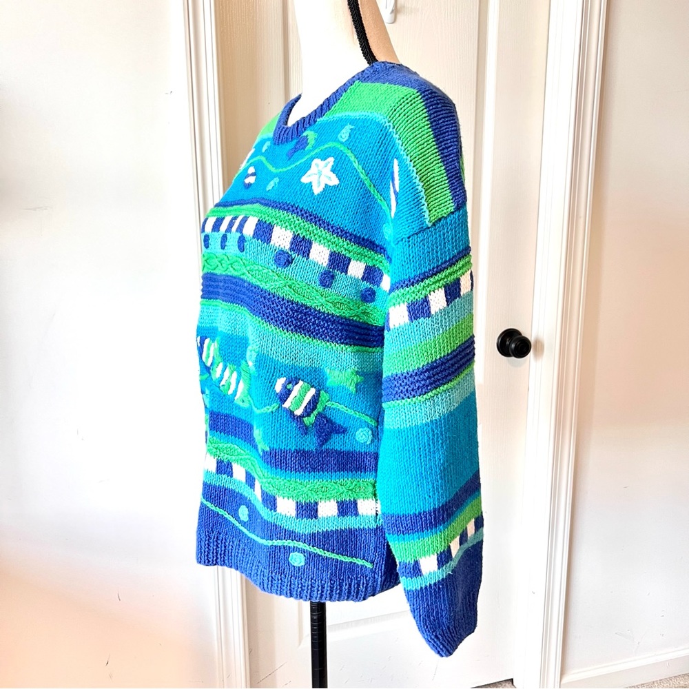 Vintage TALBOTS Ramie Cotton Embroidered Ocean Fish Crew Neck Sweater—SZ. Med - Picture 4 of 13